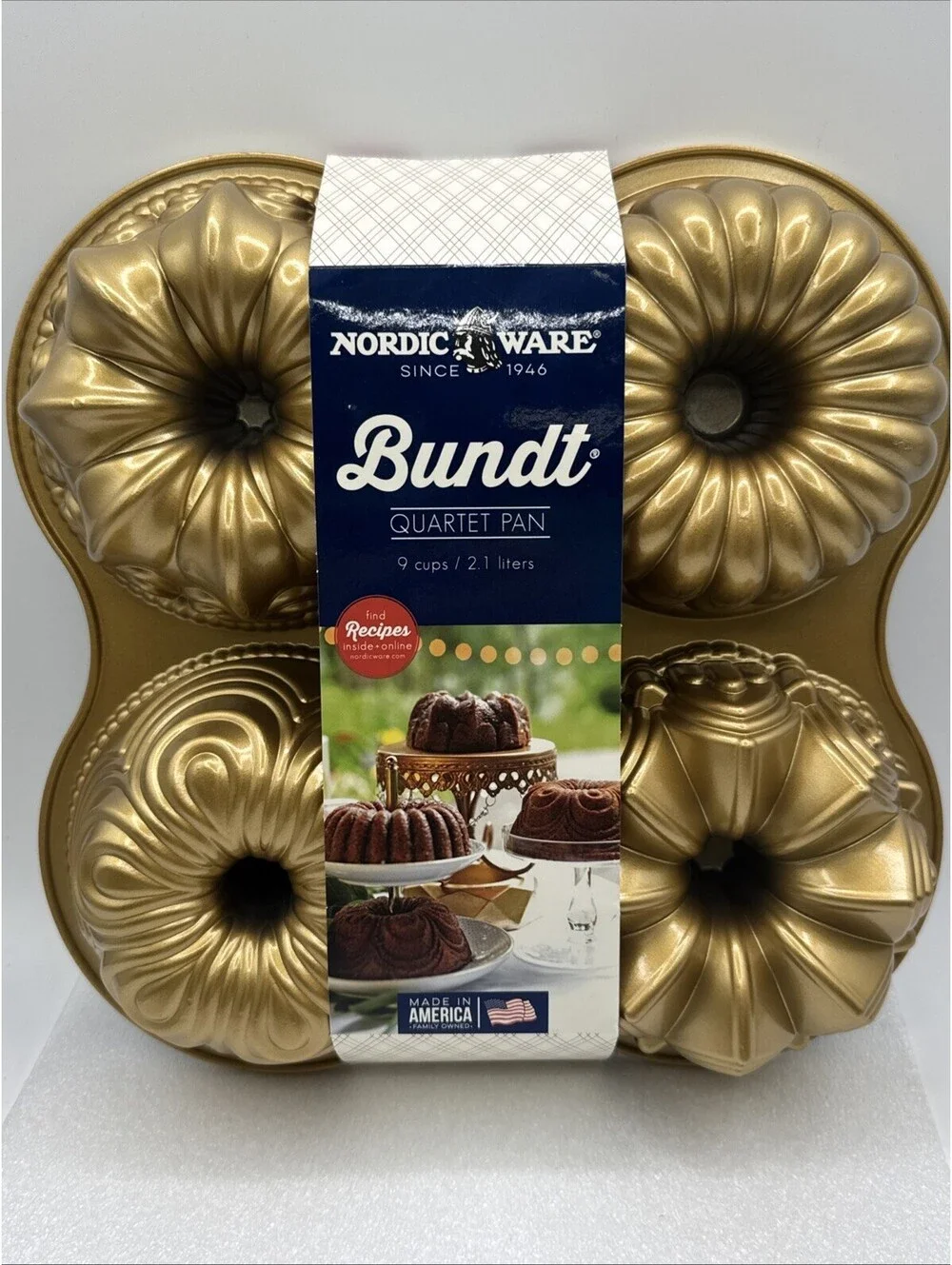 Nordic Ware Gold Bundt Quartet 4 Bundt Cake Pan 5.5” X 3” 4 Different Designs
